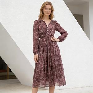 Elegante Abito Midi Floreale a Maniche Lunghe da Donna con Scollo a V con Volant e Vita Alta, Vestito Casual a Trapezio - Product Image 1