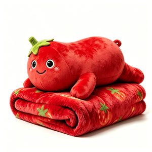 Customized Soft Fluffy Red Plush <b>Blanket</b> with Tomato Pattern Attached to Plush <b>Doll</b> - Product Image 5