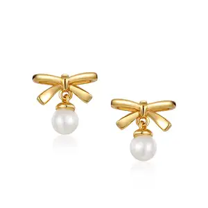 Lovely girls natural pearl jewelry sterling silver gold ribbon bow stud earrings