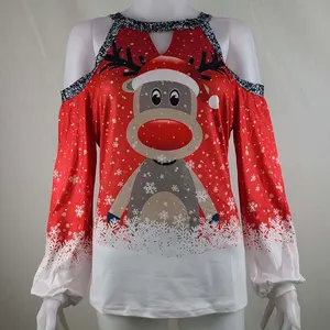 प्लस आकार महिला क्रिसमस ब्लाउज लालटेन आस्तीन ग्राफिक टीज़ बंद कंधे में सबसे ऊपर क्रिसमस रागलाण शर्ट