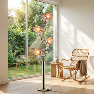 Lampe sur pied romantique rose lotus à 4 têtes, tige dorée en S, lumière d'ambiance douce, pour chambre à coucher et décoration de scène de mariage - Product Image 1