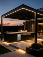 Îlot de cuisine extérieur en acier inoxydable résistant aux intempéries avec barbecue à gaz, réfrigérateur encastré et abri pour l'aménagement paysager de villas côtières