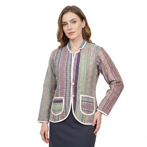 Kantha Vintage Knitted Embroidery Collar Blazer with <b>Patchwork</b> Pattern Full Sleeve Button Closure Autumn Women's Jacket - Product Image 1