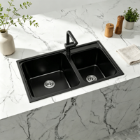 Évier de cuisine rectangulaire double cuve moderne de luxe en composite de granit SMC noir brillant à encastrer ou à poser sur comptoir pour maison et hôtel