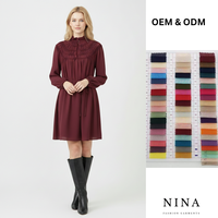 Robe Courte Victorienne à Col Montant et Volants pour Femme, Taille Naturelle Froncée avec Nœud, Manches Longues, Style Bohème, Élégante pour le Bureau, Rouge Bordeaux Fluide en Popeline