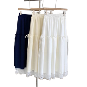 Falda Midi de Gasa con Cintura Elástica y Volantes para Mujer, Estilo A-Line, Holgada, Color Sólido, con Dobladillo de Encaje, Vestido Casual de Verano, Blanco, Azul Marino, Beige - Product Image 1
