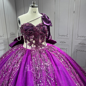 Robe de Quinceañera Lsmu186 violette à col licou, sans manches, style princesse à volants avec nœud, Jancember - Product Image 3