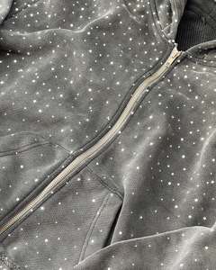 Felpa con Cappuccio e Zip in Cotone French Terry Nero e Grigio di Alta Qualità, Logo Personalizzato, Cuciture Revisionate, Oversize con Strass per Uomo - Product Image 5