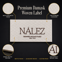 Étiquette tissée personnalisée en damassé, étiquette de vêtement jacquard haute densité, étiquette en tissu crème mat pour les vêtements de marque de créateurs de mode