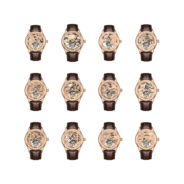 OEM/ODM Factory Luxury Men's 12 Zodiac Rose Gold Series 3D Skeleton Flying Tourbillon Mechanical Wrist Watches Waterproof