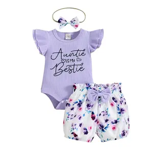 Summer Cotton Double Layered Flying Sleeve Letter Wrap Buttocks Top Printed Lantern Bow Shorts For Girl Set