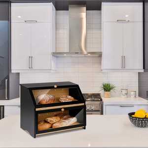 Boîte <span class=keywords><strong>à</strong></span> <span class=keywords><strong>pain</strong></span> carrée en bambou <span class=keywords><strong>à</strong></span> double couche <span class=keywords><strong>pour</strong></span> comptoir de <span class=keywords><strong>cuisine</strong></span>, grande capacité, bac de rangement alimentaire (noir, plus de 35L) - Product Image 5