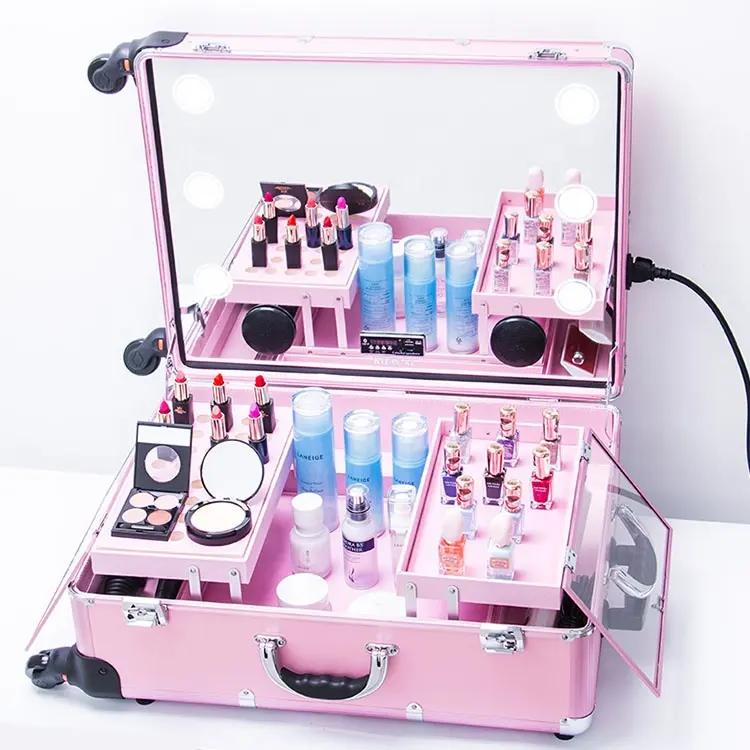 Women Professional Makeup Case Studio Cosmetic Train Table Beauty Artist Makeup Station With Lights Mirror and Adjustable Legs