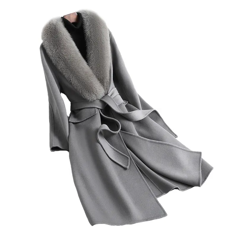 Winter Gray Black Solid Color Winter Women Wool Cashmere Long Coat with Fox Fur Collar