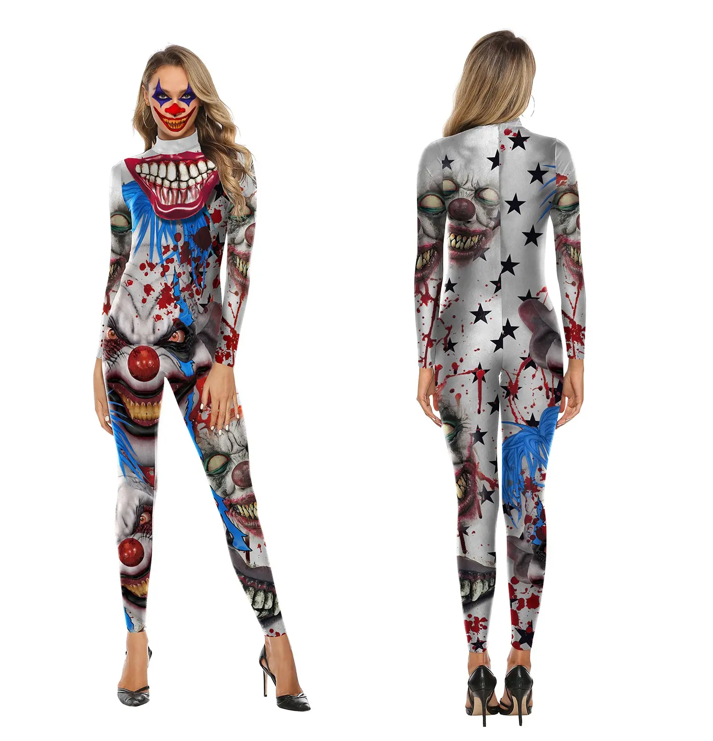 Grosir Kostum Cosplay Halloween Seksi Jumpsuit Gambar Badut Joker Dicetak 3d Bodysuit Pesta Wanita Jumpsuit