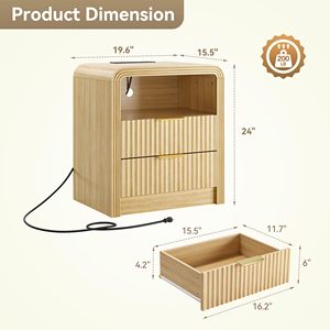 โต๊ะข้างเตียง SENYU พร้อมแท่นชาร์จ, โต๊ะข้างเตียงแบบมีร่องพร้อมพอร์ต USB/Type-C, 2 ลิ้นชักและชั้นวางของ - Product Image 3