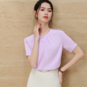 Women's Short Sleeve Satin Shirt Button Down Elegant Candy Color Top For Everyday Wear - Product Image 1