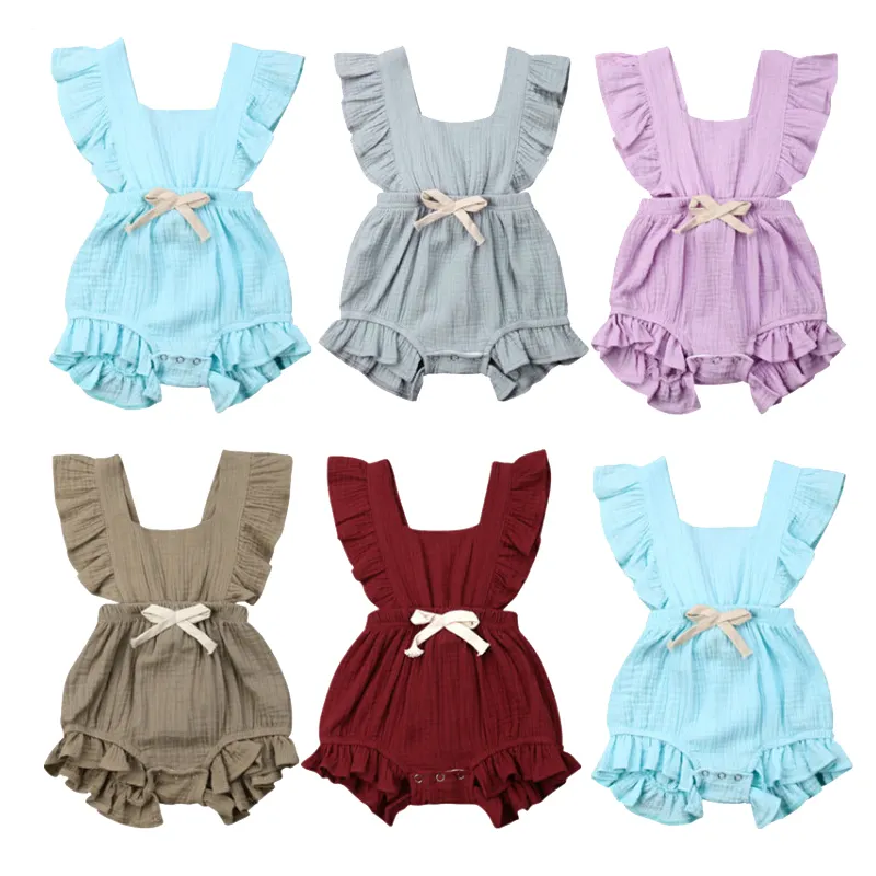 High quality summer cotton new born clothes 3 to 6 months ruffle bow design solid baby girl one piece romper