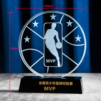 Trophée sportif NBA MVP en verre transparent de forme ronde avec base noire, design simple, personnalisable
