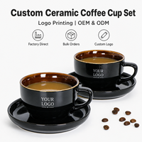 Ensemble de tasses à café et soucoupes en céramique avec logo personnalisé, vente en gros, tasse à cappuccino noire, OEM ODM pour café, restaurant, hôtel, cadeau