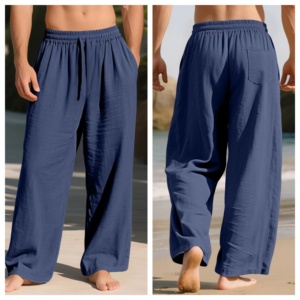 Pantaloni in <span class=keywords><strong>lino</strong></span> tinta unita con coulisse, vestibilità ampia, gamba dritta, casual, <span class=keywords><strong>da</strong></span> <span class=keywords><strong>uomo</strong></span>, taglie forti, all'ingrosso - Product Image 3