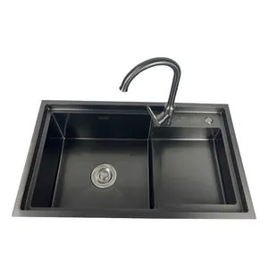 Hot Sell Anti-Überlauf-Design Schnelle Entwässerung Nano Black Edelstahl Hand gefertigtes Spülbecken mit ausziehbarem Küchen armatur