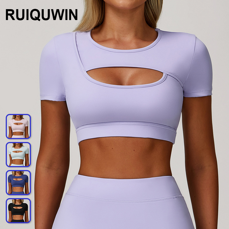 RUIQUWIN Wholesale 2025 Women's Sexy Fitness Wear Cutout Short Sleeve High Elastic Sports T-shirt Breathable Yoga Tops
