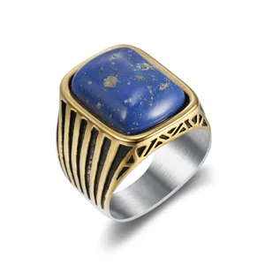 מוצרים חדשים במלאי עתיק מצופה זהב כחול ספיר mens טבעת אגת גברים עושר טבעת