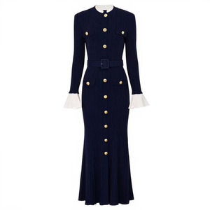 2025 di alta qualità nuova manica lunga girocollo cintura blu <span class=keywords><strong>abito</strong></span> lungo <span class=keywords><strong>in</strong></span> <span class=keywords><strong>maglia</strong></span> sottile elegante - Product Image 5