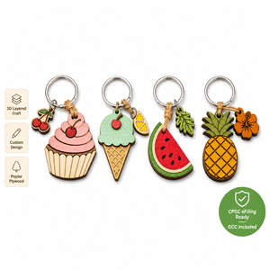 Keychain Set 4 Pcs | 3D Poplar Plywood Laser Cut Charm | Cupcake Ice Cream Fruit Gift | OEM Wholesale | FSC CPSC | Keyring Gift
