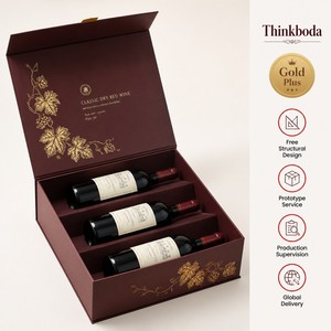 Scatola Espositiva Personalizzata per Vino a 3 Livelli, Confezione Rigida Rossa per 3 Bottiglie con Lamina Dorata - Product Image 1