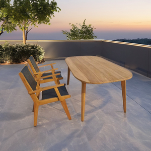 Elegante mesa de comedor de teca con patas cónicas con diseño de borde ovalado y rectangular, mesa de teca para exteriores, juego de mesa de comedor para jardín y piscina - Product Image 4