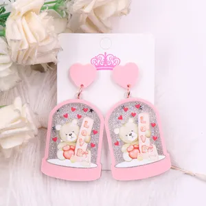 MD147ER2260 CN Drop LOVE Bear Trendy Valentine's Day Acrylic Earrings with Fine High Quality Diamond for Women