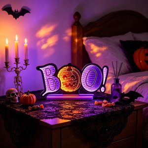 ไฟกลางคืนรูปฟักทอง Boo Pumpkin Infinity Mirror สำหรับตกแต่งฮาโลวีน วัสดุอะคริลิก ใช้พลังงานจากแบตเตอรี่ สีส้ม พิมพ์ลายตามสั่ง โปร่งใส - Product Image 5