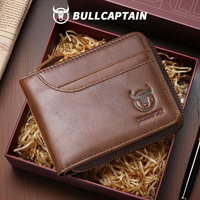 Dompet Kulit Asli Pria BULLCAPTAIN dengan Ritsleting, Anti RFID, Lipat Dua, Tempat Kartu Kredit, dan Kantong Koin Beritsleting