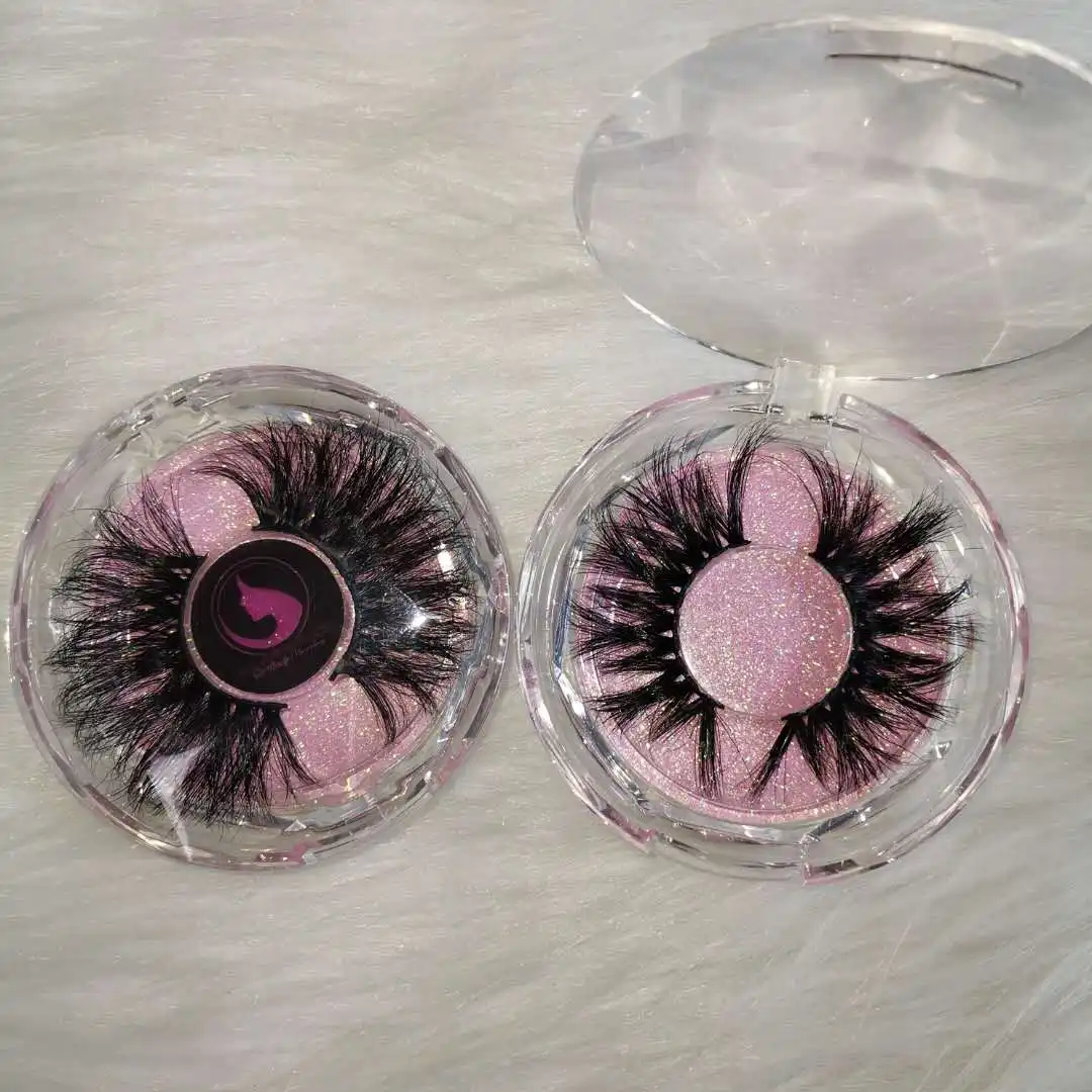 Boîte de cils rondes en cristal rose, accessoires duveteux, en vison, personnalisés, prix de gros, 100 unités