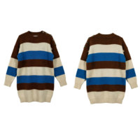 Robe chic à rayures colorées, robe en tricot rétro à col montant avec boutons sur les épaules, robe pull midi ample pour femmes