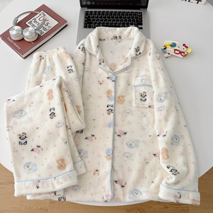 Conjunto de Ropa de Dormir de Franela de Coral con Dibujos Animados, Grueso y Afelpado para Invierno, Camisón de Manga Larga y Pantalones para Mujer - Product Image 2