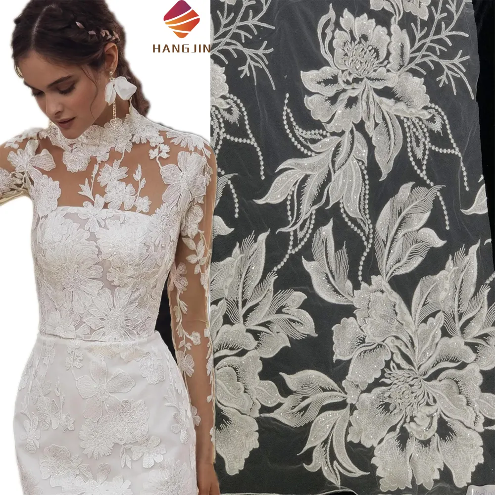 Neueste Design Weiß Elfenbein 3D Floral Lace Stoff Hochwertige bestickte Mesh Stoff mit Perlen und Perlen für Hochzeits kleid