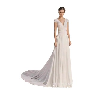 White Sheath Wedding Dress V-neck Lace Slim Fit Long Train Elegant Bridal Gown - Product Image 1