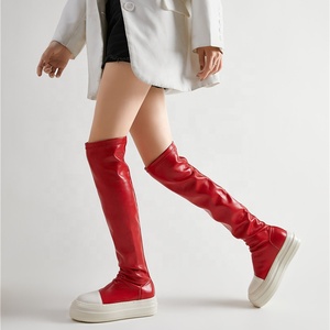 Thick Sole Shoes Stretchy Long Boots Round Toe Platform Over Knee High Flat <b>Booties</b> Women Flats Casual - Product Image 1
