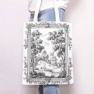 Sac fourre-tout élégant en toile de Jouy avec impression double face, design spacieux et durable pour le travail, l'école, les voyages, la randonnée, le camping, 1 pièce - Product Image 4