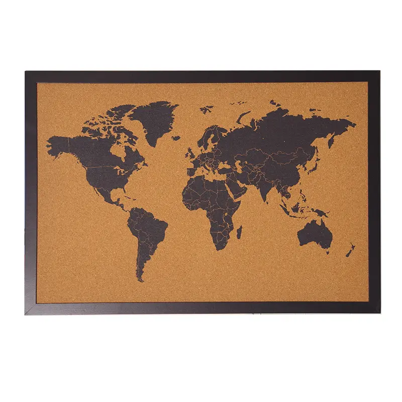 High Quality Decorative Soft Bulletin Board Custom World Map Printed Push Pins Cork board with Wooden Frame
