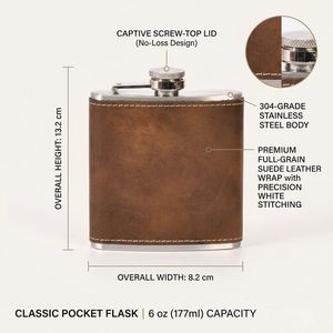 Vente en gros de flacons à liqueur en acier inoxydable enveloppés de cuir de 6 oz, flacons de poche portables personnalisés pour whisky, avec logo personnalisé - Product Image 3