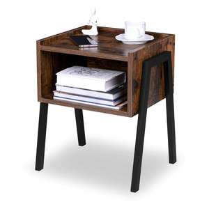 <strong>Slim</strong> Industrial Loft Rustic Black Powder-coated Steel <strong>Bedside</strong> <strong>Table</strong> with Magazine Storage Shelf Laminated Panels - Product Image 1