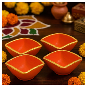 <b>Red</b> And Gold Square Shaped Terracotta Diyas Handcrafted Decorative Oil Lamps For Diwali Festive Home Decor Pack Of 4 - Product Image 2