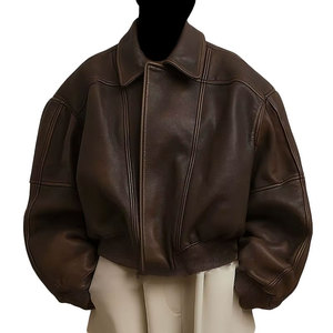 Giacca <span class=keywords><strong>di</strong></span> <span class=keywords><strong>pelle</strong></span> marrone larga con Zip piena girocollo Vintage Casual a manica lunga, giacca <span class=keywords><strong>di</strong></span> <span class=keywords><strong>pelle</strong></span> Bomber in <span class=keywords><strong>pelle</strong></span> - Product Image 1