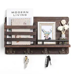 Natural Wooden Key Holder - Wall Mounted Mail Organizer and Key Hanger -  Rustic Farmhouse Entryway Shelf with 4 Double Hooks - Decorative Rack for  Car