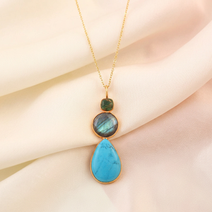 Fashion Jewelry Labradorite Turquoise Emerald Copper Turquoise Bezel Set Pendant 18k Gold Plated Triple Gemstone Chain Necklace - Product Image 4