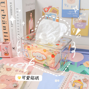 Transparent Tissue Box With Cute Stickers For Desk Home Office Organizer Storage Case - Product Image 1